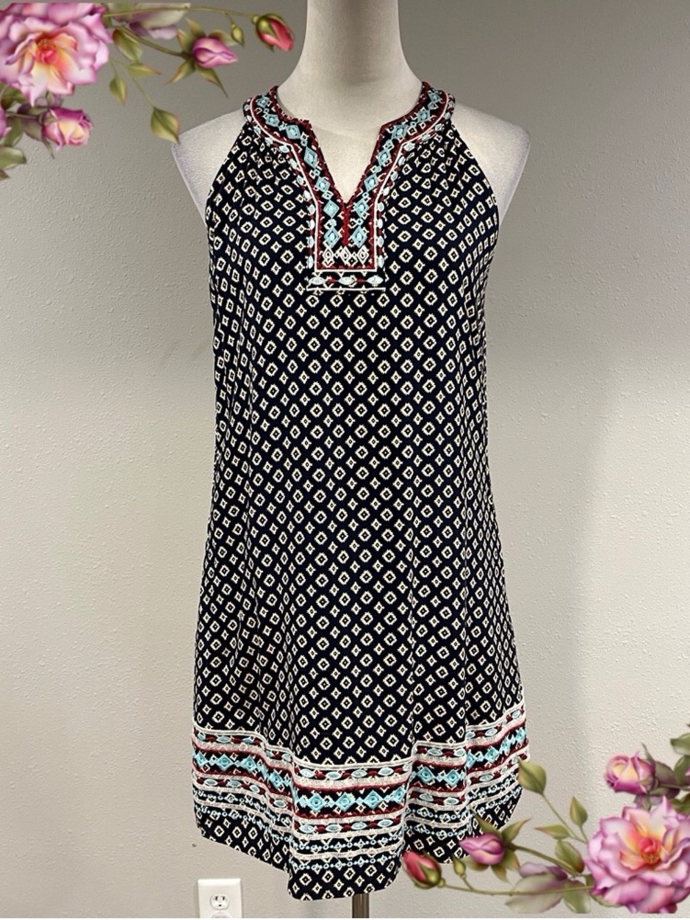 Sleeveless Black & White Patterned Mini Dress with Embroidered Neckline